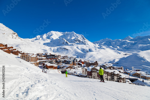 VAL THORENS, FRANCE - JANUARY 24, 2018: View to ski resort Val Thorens from ski piste, Three Valleys