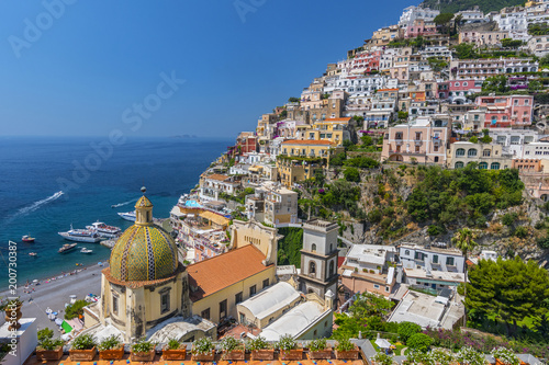Scenic view of Positano, beautiful Mediterranean village on Amalfi Coast in Campania, Italy.