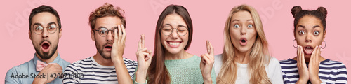 Indoor shot of different people express various emotions, pose agaist pink background, terrified and surprised to see something. Collage photo of mixed race young women and men with amazed looks