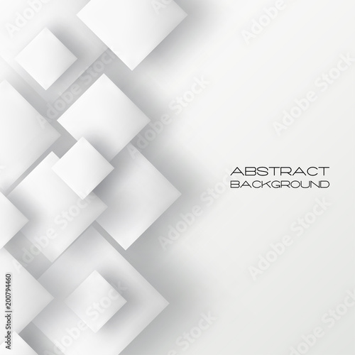 Abstract 3d background with white paper geometric shapes, rectangle tile with drop shadows on white background. Minimal design.