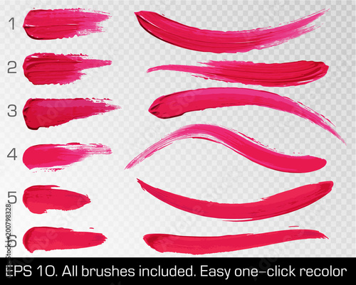 Red smears lipstick set texture brush strokes isolated on white transparent background. Make up. Vector illustration. Beauty and cosmetics colorful collection, hand drawn design element.