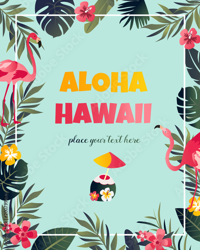 Tropical Hawaiian Poster with flamingo.