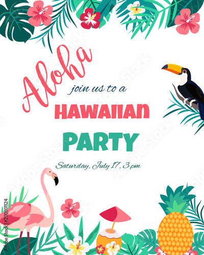 Tropical Floral Poster with flamingo and toucan