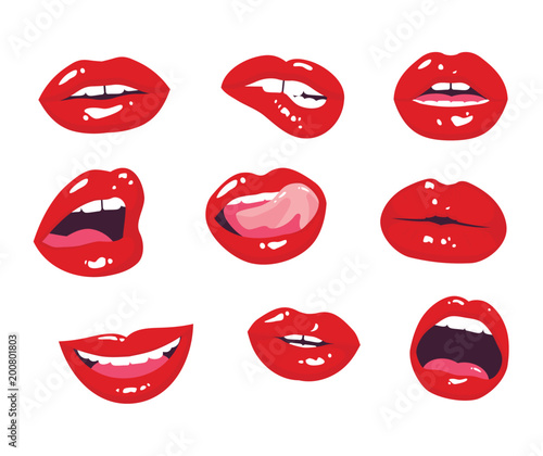 Red lips collection. Woman mouth with a kiss, smile, tongue and teeth isolated on background. Isolated on white.