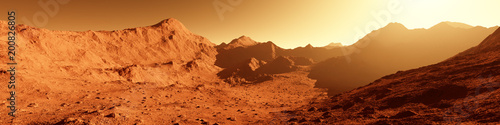 Wide panorama of mars - the red planet - landscape with mountains during sunrise or sunset