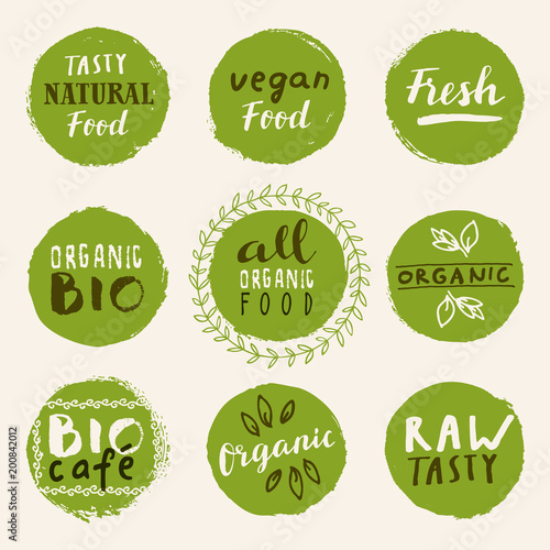 Retro set of bio, vegan, organic, fresh, raw, tasty natural food labels. Hand drawn logo templates