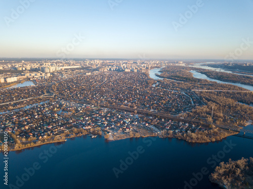 Panoramic view of the left bank of the Kiva and the Dnieper River against the blue sky