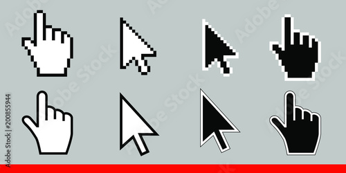 White arrow and pointer hand cursor icon set. Pixel and modern version of cursors signs. Symbols of direction and touch the links and press the buttons. Isolated on gray background vector illustration