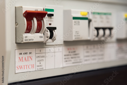 Close up of a MCB (Micro Circuit Breaker) on a UK domestic electrical consumer unit or fuse box