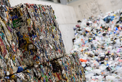 Cubes of bailed aluminum ready to be sent for recycling