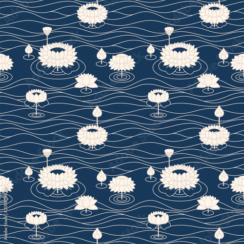 seamless vector japanese blue pattern with lotos flowers and waves. design for interior, covers, textile