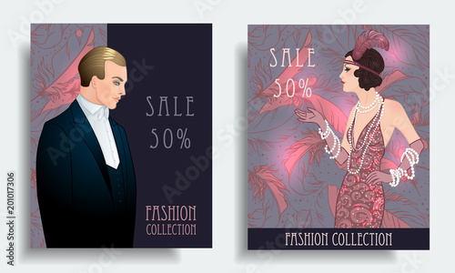 Retro fashion. Costume party or mafia game discount banner template. Flapper girl. Vintage background set (1920's style). Vector illustration for glamour party
