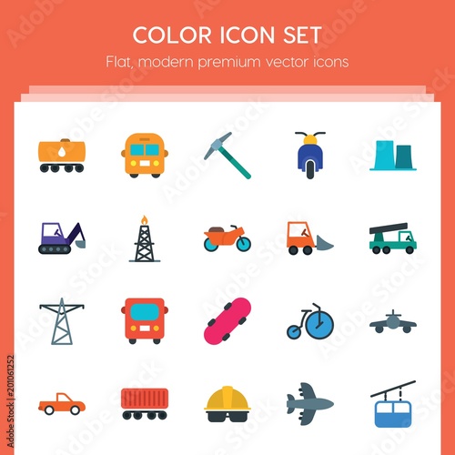Modern Simple Set of transports, industry Vector flat Icons. ..Contains such Icons as work, delivery, bus, construction, truck, oil, air and more on red background. Fully Editable. Pixel Perfect..