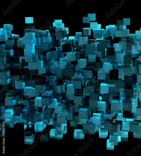 Abstract 3d rendering of chaotic cubes. Flying shapes in empty space. Futuristic background.