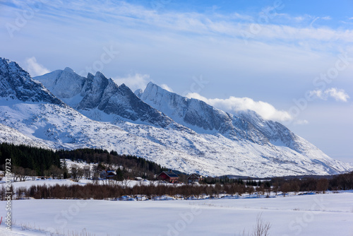 Winter view of the mountain range seven sisters in Alstadhaug, Norway.