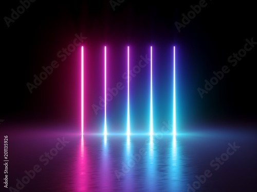 3d render, glowing vertical lines, neon lights, abstract psychedelic background, ultraviolet, spectrum vibrant colors, laser show