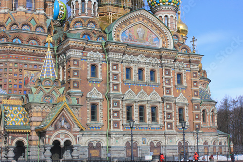 Architecture of Church of Our Savior on Spilled Blood in St. Petersburg, Russia. Religious Cathedral Close Up View with Ornamental Facade Details on Sunny Day Scene. Famous City Landmark Outdoor View.