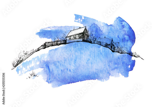 Countryside landscape. Illustration of watercolors and black mascara. Abstract blue splash of paint. Silhouettes the village. Watercolor logo, postcard on a white background.