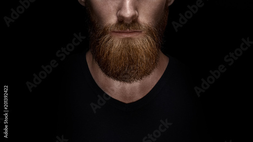 Perfect beard. Close-up of young bearded man standing against black background