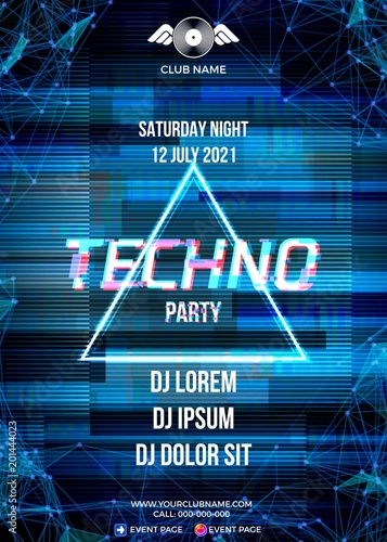 Glitch party poster with blue background and triangle for techno