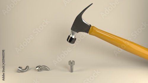 Epic fail, fool, idiot, mistake, error - symbolized by a hammer banging metal screws