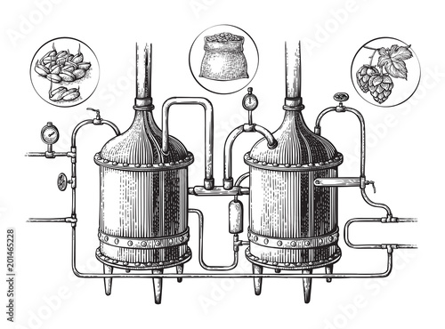 Vintage distillation apparatus sketch. Moonshining vector illustration distillation process