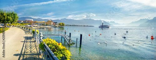 Promenade and view of Geneva Lake in Vevey town. Vaud canton, Switzerland