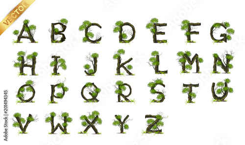 Collection Letter A B C vector alphabet with tree . ABC concept type as logo.Eco concept.