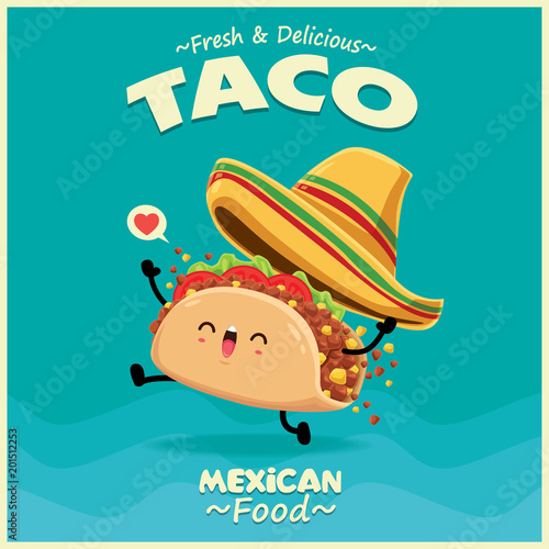 Vintage Mexican food poster design with vector taco character.