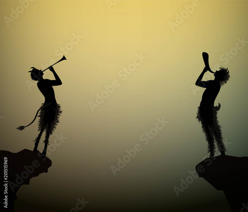 two fauns playing trumpet at the edge of the rock in the summer night,