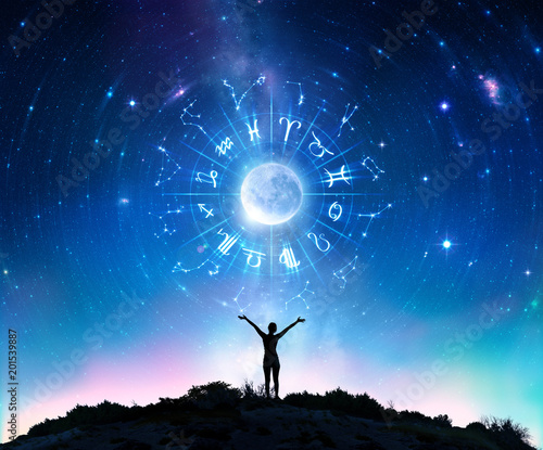 Woman Consulting The Stars - Zodiac Signs In The Sky 