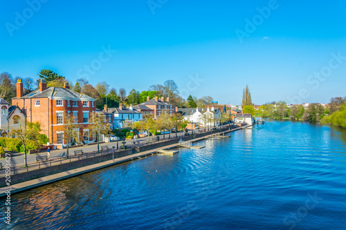 View of residential houses alongside river Dee in Chester, England