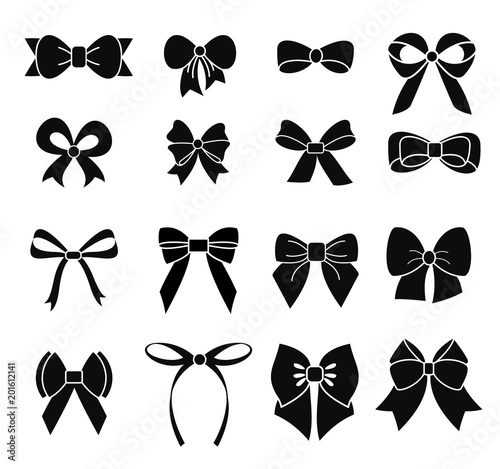 Vector illustration set of black and white bows in silhouette, different types and shapes of ribbons.