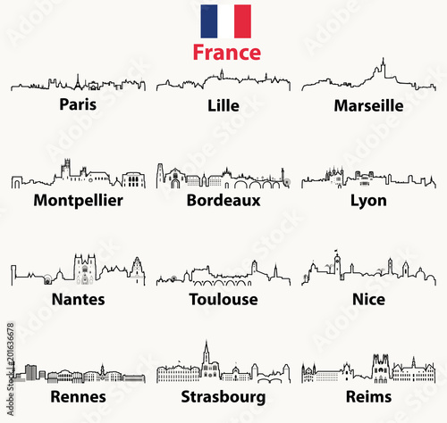 vector outline icons of France cities skylines