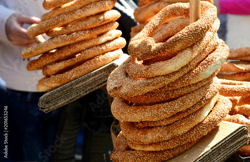 Greek Sesame Bread rings (Greek name is Koulouri Thessalonikis). Street food menu in Greece