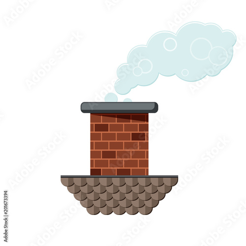 Colored flat icon, vector design with shadow. Brick chimney pipe with roof part and smoke for illustration of house's part, heating method, roof, factory and industry