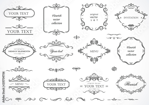 Set of flourish frames, borders, labels. Collection of original design elements. Vector calligraphy swirls, swashes, ornate motifs and scrolls. 