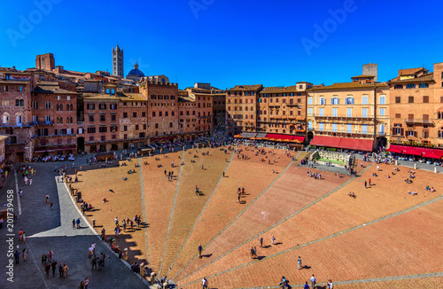 Aerial view of Siena, Campo Square (Piazza del Campo) in Siena, Tuscany, Italy