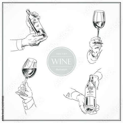 Set of sketches of hands with glass and bottle of wine, sommelier. Vector illustration isolated on white