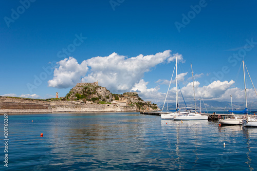 The Old Fortress in Corfu town with sailboats, Corfu island, Greece.