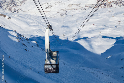 VAL THORENS, FRANCE - JANUARY 27, 2018: Gondola lift cabin of ski-lift in the ski resort Val Thorens. Winter snowboard and skiing concept. France.
