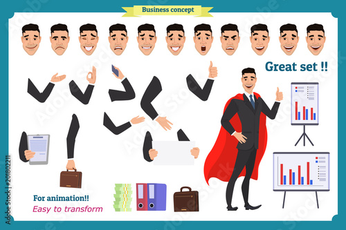 Set of super businessman character poses, gestures,actions, body elements. Isolated on white. Man in suit,cloak standing, Cartoon flat-style illustration. Business people.