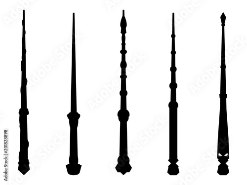 Magic wands set. Wizard tool. Wooden stick collection. Black contour isolated on white background. Vector illustration