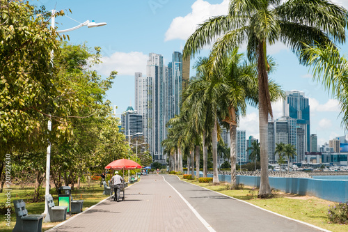  public park at ocean promenade and skyline background in Panama City