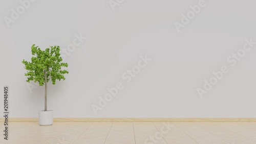 White interior design with plants on a floor,3D rendering