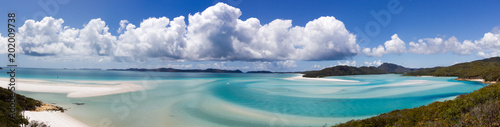Aerial view of Hill inlet with tropical lagoon and Whitehaven beach in the distance. Whitsunday Island, Queensland, Australia