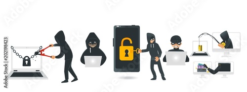 Cartoon hackers hacking devices set. Men in black brake chain of locked laptop by bolt cutter, stealing wallet by fishing rod, coding at computer, stealing money from smartphone. Vector illustration