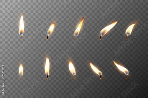 Vector 3d realistic different flame of a candle or match icon set closeup isolated on transparency grid background. Design template, clipart for graphics