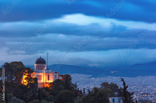 Aerial view of the Church of St Marina in Thissio during evening blue hour in Athens, Greece