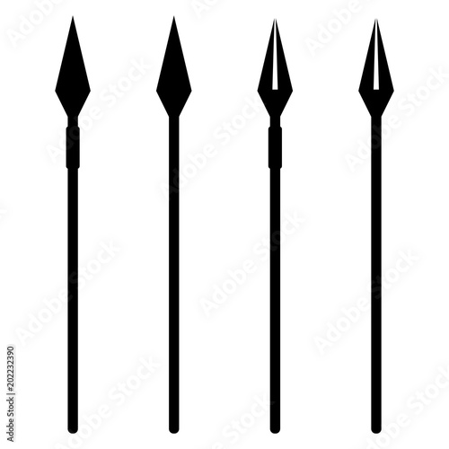 Simple, flat, black and white spear silhouette illustration. Four variations. Isolated on white